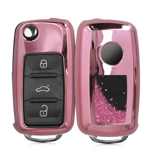 KW Θήκη Κλειδιού VW / Skoda / Seat - Σιλικόνη - 3 Κουμπιά - Stars Snow Globe - Dark Pink / Metallic Pink (50722.03)