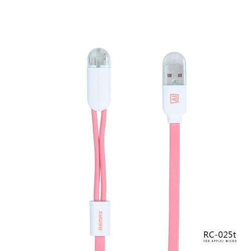 Remax Καλώδιο Φόρτισης και Μεταφοράς Δεδομένων 2 σε 1 USB to MicroUSB + Lightning - 1m (RM5-018-PNK) - Pink