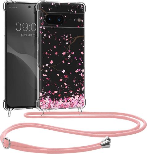 KWmobile Διάφανη Θήκη Σιλικόνης με Λουράκι Λαιμού - Google Pixel 7 - Cherry Blossoms Pink Petals / Dark Brown / Transparent (60206.02)