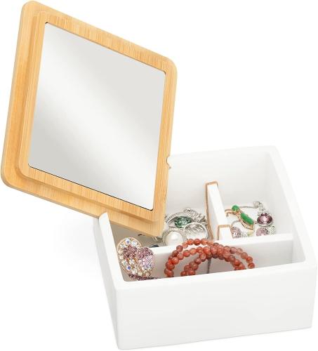 Navaris Makeup & Jewelry Organizer with Mirror - Κοσμηματοθήκη με Καπάκι από Μπαμπού / Κουτί Αποθήκευσης Καλλυντικών & Κοσμημάτων με Καθρέπτη - 13 x 13 x 6 cm - White (57648.02)