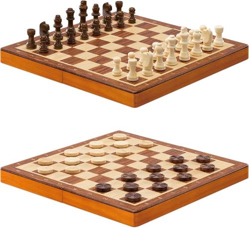 Navaris Wooden Chess and Checkers - Φορητό Σκάκι / Ντάμα από Μασίφ Ξύλο με 56 Πούλια & Πιόνια - 29 x 29cm - Brown (55260.01.05)