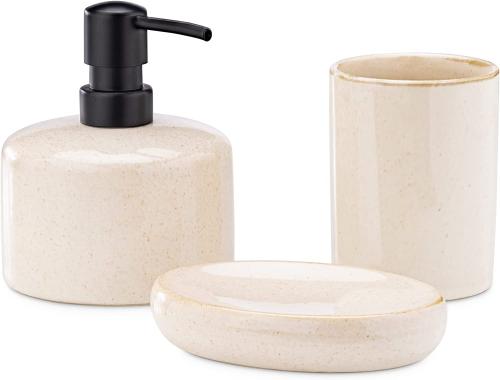 Navaris Sand Bathroom Set - Σετ με 3 Κεραμικά Αξεσουάρ Μπάνιου με Δοχείο Σαπουνιού / Δοχείο για Οδοντόβουρτσες / Βάση Σαπουνιού - Sand (56524.01)