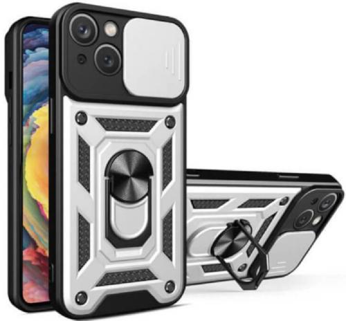 Bodycell Armor Slide - Ανθεκτική Θήκη Apple iPhone 14 Plus με Κάλυμμα για την Κάμερα & Μεταλλικό Ring Holder - Silver (5206015018978)