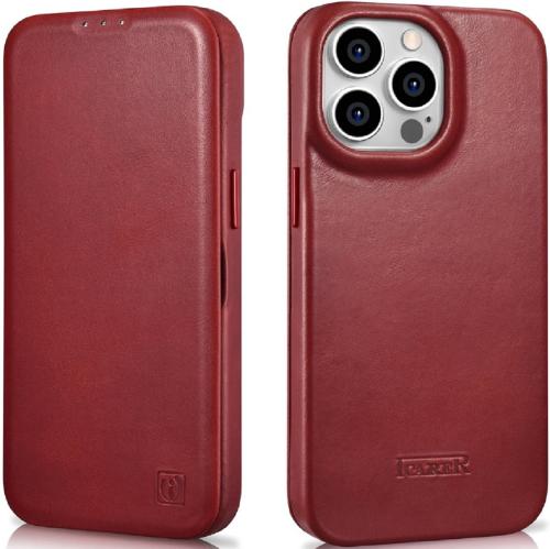 iCarer Curved Edge Oil Wax Leather Folio - Δερμάτινη MagSafe Flip Θήκη-Πορτοφόλι - Apple iPhone 14 Pro - Red (AKI14220706-RD)