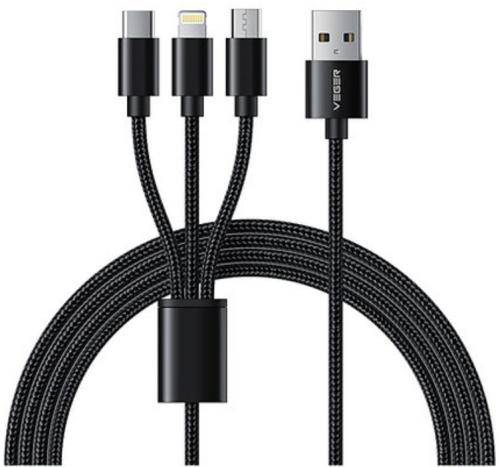 Veger V303 Premium 3 in 1 Charging Cable - Καλώδιο Φόρτισης και Μεταφοράς Δεδομένων USB-A σε Lightning / Type-C / MicroUSB - 150cm - 2.4A - Black (6970453555935)