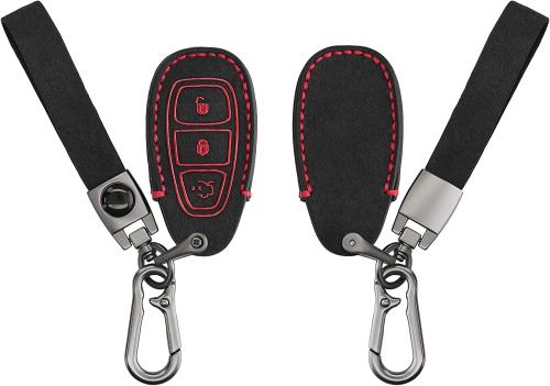 KW PU Leather Colored Buttons - Θήκη Κλειδιού Ford- 3 Κουμπιά - Keyless Go - Black / Red (57346.02)