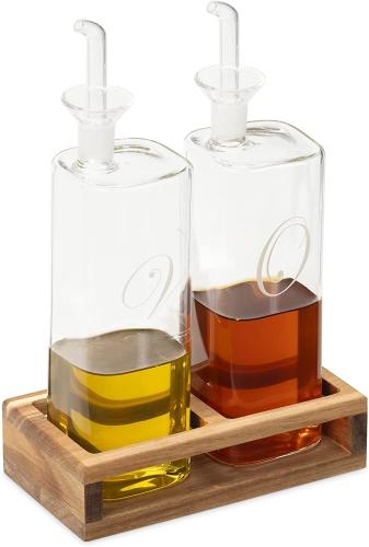 Navaris Oil and Vinegar Dispenser Set with Wooden Base - Σετ Γυάλινα Δοχεία / Μπουκάλια για Λάδι και Ξύδι με Βάση από Ξύλο Ακακίας - 220ml - Clear (58957.01)