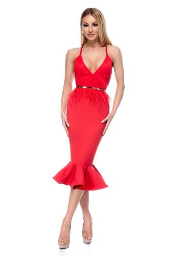 Εντυπωσιακό μίντι φόρεμα με πέρλες και ζώνη - Κόκκινο 9256-Κοκκινο