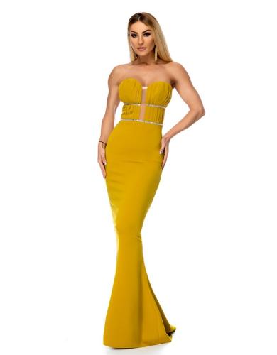 Μάξι στράπλες φόρεμα με στρας - Μουσταρδί 9275-Κίτρινο