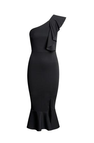 Μίντι κρέπ φόρεμα με βολάν και έναν ώμο - Μαύρο 52611-Μαύρο