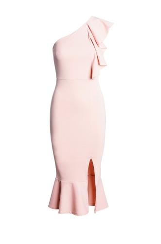 Μίντι κρέπ φόρεμα με βολάν και έναν ώμο - Ροζ Απαλό 52612-Ροζ