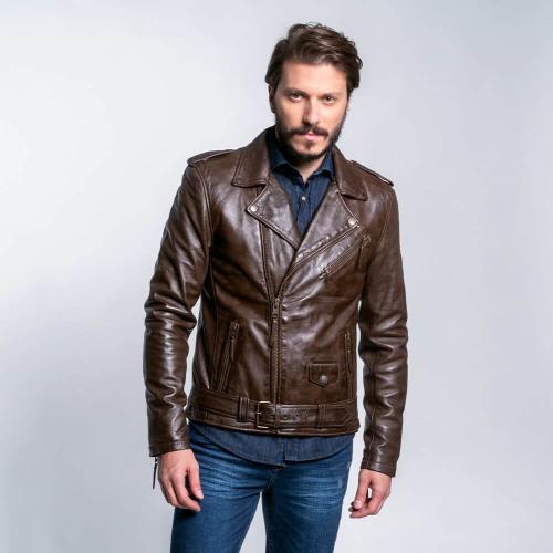Prince Oliver Double Rider Jacket Καφέ 100% Leather (Modern Fit) New Arrival