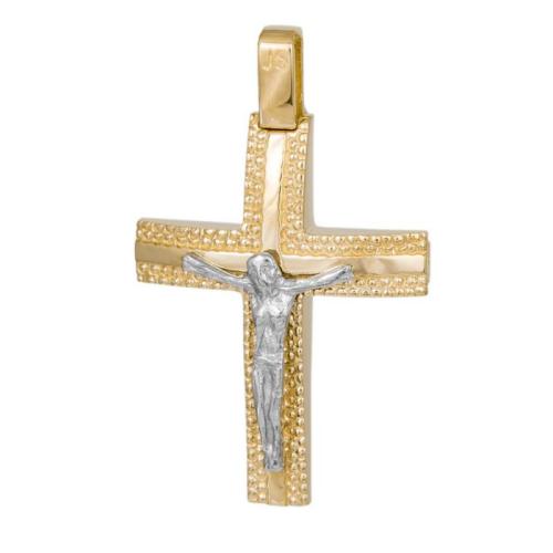 Σταυροί Βάπτισης - Αρραβώνα Δίχρωμος σταυρός με τον Εσταυρωμένο Κ14 044546 044546 Ανδρικό Χρυσός 14 Καράτια