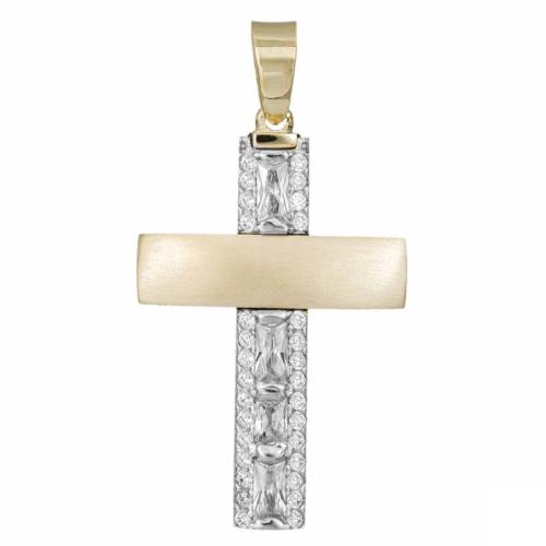 Σταυροί Βάπτισης - Αρραβώνα Γυναικείος δίχρωμος σταυρός 14Κ με πέτρες ζιργκόν 034145 034145 Γυναικείο Χρυσός 14 Καράτια