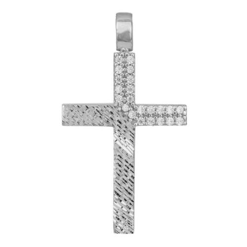 Σταυροί Βάπτισης - Αρραβώνα Λευκόχρυσος ανάγλυφος σταυρός Κ9 με ζιργκόν 042894 042894 Γυναικείο Χρυσός 9 Καράτια