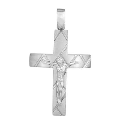 Σταυροί Βάπτισης - Αρραβώνα Λευκόχρυσος σκαλιστός σταυρός με τον Εσταυρωμένο Κ14 039751 039751 Ανδρικό Χρυσός 14 Καράτια