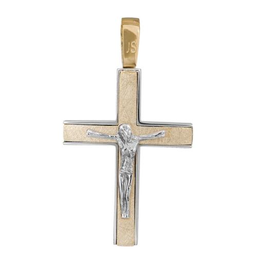 Σταυροί Βάπτισης - Αρραβώνα Χειροποίητος δίχρωμος σταυρός Κ14 με τον Εσταυρωμένο 034791 034791 Ανδρικό Χρυσός 14 Καράτια