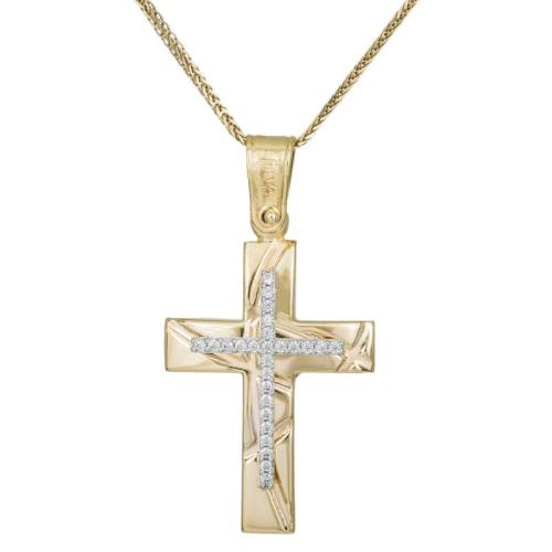 Βαπτιστικοί Σταυροί με Αλυσίδα Βαπτιστικός Σταυρός με Ζιργκόν και Αυλακώσεις 033137C 033137C Γυναικείο Χρυσός 14 Καράτια