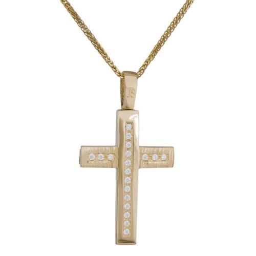 Βαπτιστικοί Σταυροί με Αλυσίδα Χρυσός σταυρός αρραβώνα σετ με αλυσίδα Κ14 και λευκές πέτρες ζιργκόν 034795C 034795C Γυναικείο Χρυσός 14 Καράτια