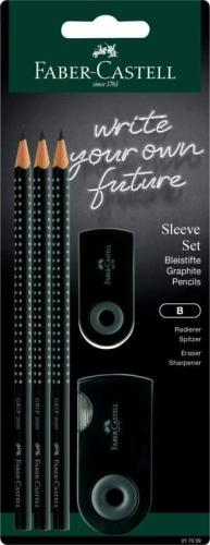 Faber Castell Μολύβια Grip Μαύρο 3 Τμχ & Ξύστρα Mini Sleeve & Γόμα (12310107)