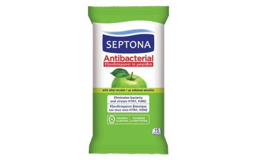 Septona Αντιβακτηριδιακά Μαντηλάκια Refresh Πράσινο Μήλο-15Τμχ (1108030015043)