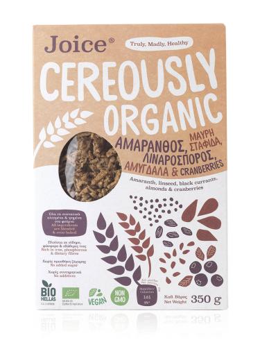 Βιολογικά δημητριακά με αμάρανθο, σταφίδα, λιναρόσπορο, αμύγδαλα & cranberries «Cereously Organic» 