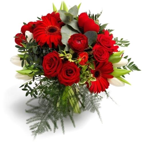 Καρδιοχτύπι Κόκκινα τριαντάφυλλα με κόκκινες και λευκές ζέρμπερες