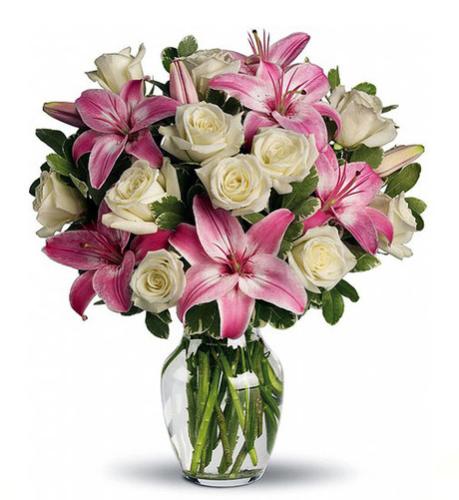 Μυροβόλα ανθοδέσμη Ανθοδέσμη με λευκά τριαντάφυλλα και ροζ λίλιουμ