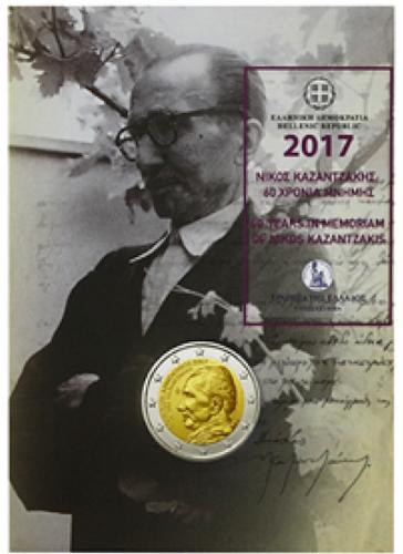 €2, Coin card, 60η επέτειος από το θάνατο του Νίκου Καζαντζάκη, Ελλάδα, 2017