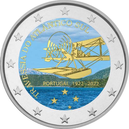 2 €, έγχρωμο, 100η επετειος της διάβασης του Νότιου Ατλαντικού Ωκεανού αεροπορικώς, Πορτογαλία, 2022