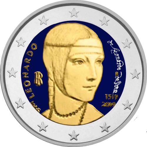 2 Ευρώ, Έγχρωμο, 500 χρόνια από το θάνατο του Λεονάρντο Ντα Βίντσι, Ιταλία, 2019