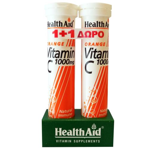 Health Aid Πακέτο Προσφοράς Vitamin C 1000mg Πορτοκάλι Ενίσχυση της Φυσικής Άμυνας του Οργανισμού 20 Effer.tabs 1+1 Δώρο
