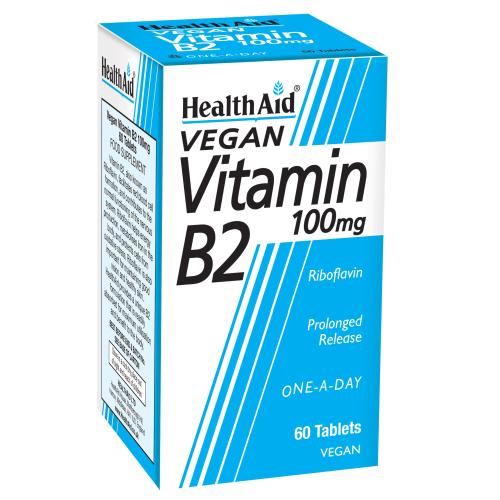 Health Aid Vitamin B2 (Riboflavin) 100mg - Prolonged Release Απαραίτητη για το Σχηματισμό Ερυθρών Αιμοσφαιρίων 60 tabs