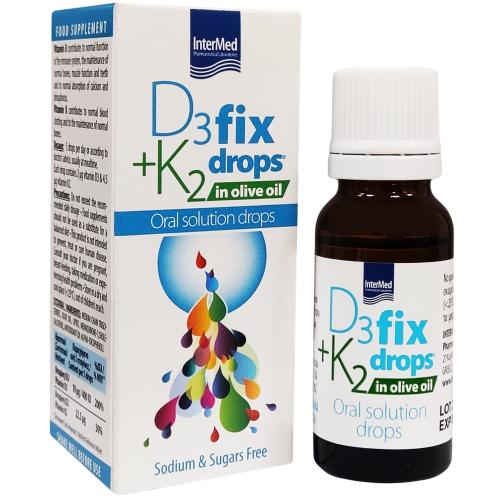 Intermed D3+K2 in Olive Oil Fix Drops Oral Solution Συμπλήρωμα Διατροφής σε Υγρή Μορφή με Βιταμίνη D3 & K2 12ml