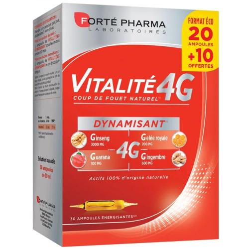 Forte Pharma Vitalite 4G Dynamisant Συμπλήρωμα Διατροφής Άμεσης Τόνωσης & Ενέργειας με Τζίνσενγκ, Γκουαράνα, Βασιλικό Πολτό & Τζίντζερ σε Αμπούλες 30x10ml