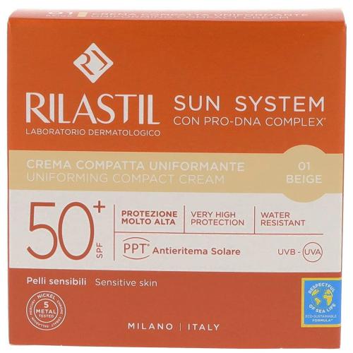 Rilastil Sun System Uniforming Compact Cream Spf50+, Αντηλιακή Κρέμα Προσώπου Πολύ Υψηλής Προστασίας με Χρώμα για Ομοιόμορφη Κάλυψη 10g - 01 Beige
