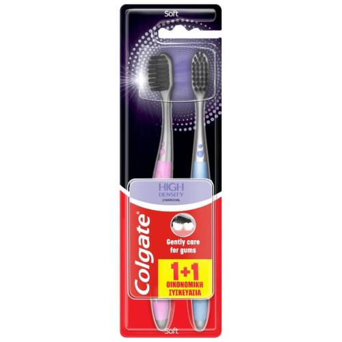 Colgate High Density Charcoal Toothbrush Soft Μαλακή Οδοντόβουρτσα με Ίνες Εμπλουτισμένες με Άνθρακα για Βαθύ Καθαρισμό 2 Τεμάχια - Ροζ / Γαλάζιο