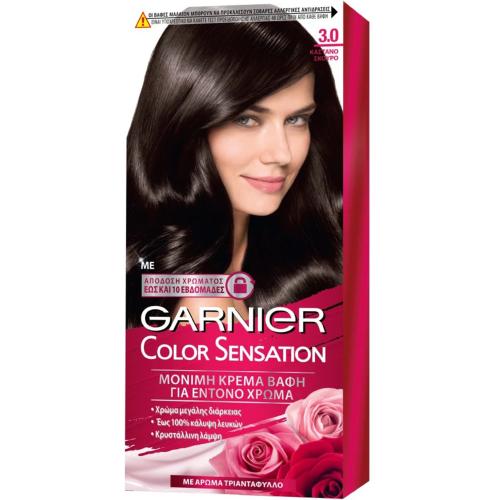 Garnier Color Sensation Permanent Hair Color Kit Μόνιμη Κρέμα Βαφή Μαλλιών με Άρωμα Τριαντάφυλλο 1 Τεμάχιο - 3.0 Καστανό Σκούρο