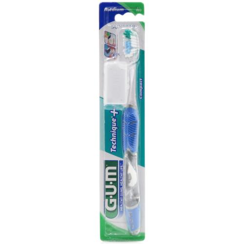 Gum Technique+ Compact Medium Toothbrush Χειροκίνητη Οδοντόβουρτσα Μέτρια με Θήκη Προστασίας 1 Τεμάχιο, Κωδ 493 - Μπλε