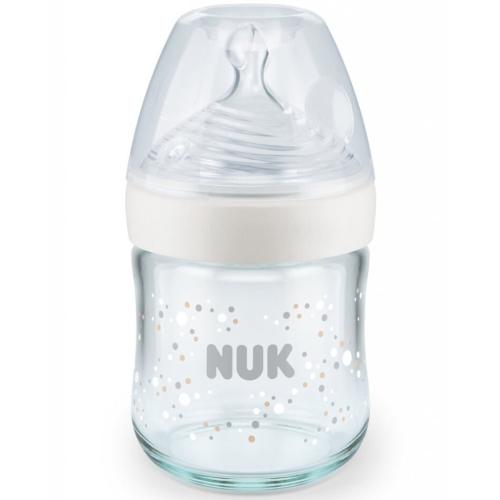 Nuk Nature Sense Glass Bottle Silicone Small Γυάλινο Μπιμπερό με Δείκτη Ελέγχου Θερμοκρασίας & Θηλή Σιλικόνης Από την Γέννηση 120ml - Άσπρο