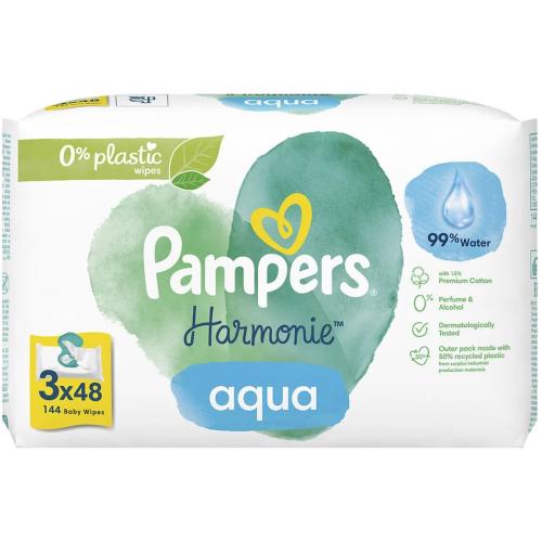 Pampers Harmonie Aqua Baby Wipes Απαλά Βρεφικά Μωρομάντηλα από 99% Νερό, για την Ευαίσθητη Επιδερμίδα​​​​​​​ 144 Τεμάχια (3x48 Τεμάχια)