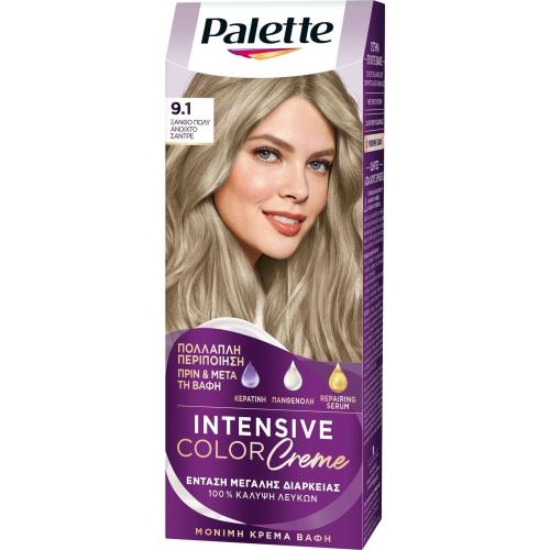 Schwarzkopf Palette Intensive Hair Color Creme Kit Μόνιμη Κρέμα Βαφή Μαλλιών για Έντονο Χρώμα Μεγάλης Διάρκειας & Περιποίηση 1 Τεμάχιο - 9.1 Ξανθό Πολύ Ανοιχτό Σαντρέ