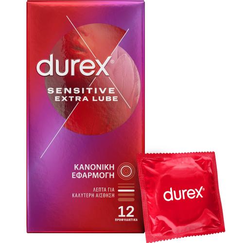 Durex Sensitive Extra Lube Condoms Λεπτά Προφυλακτικά με Επιπλέον Λιπαντικό για Καλύτερη Αίσθηση 12 Τεμάχια
