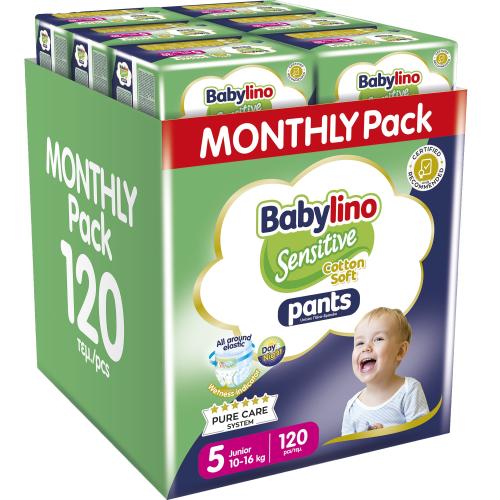 Σετ Babylino Sensitive Pants Cotton Soft Unisex Monthly PackNo5 Junior (10-16kg) 120 Τεμάχια (6x20 Τεμάχια)