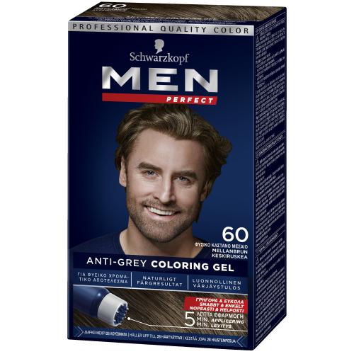 Schwarzkopf Men Perfect Επαγγελματική Βαφή Gel Μαλλιών για Άνδρες, Κάλυψη των Λευκών & 100% Φυσικό Αποτέλεσμα - N60 Φυσικό Καστανό Μεσαίο
