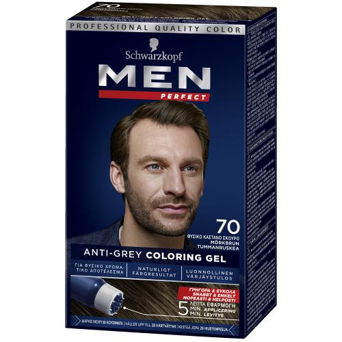 Schwarzkopf Men Perfect Επαγγελματική Βαφή Gel Μαλλιών για Άνδρες, Κάλυψη των Λευκών & 100% Φυσικό Αποτέλεσμα - N70 Φυσικό Καστανό Σκούρο