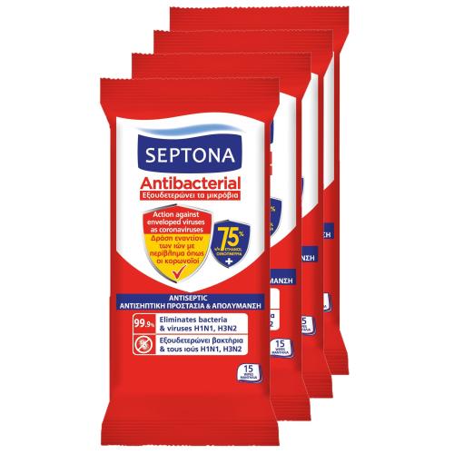 Septona Πακέτο Προσφοράς Antibacterial Refresh Antiseptic Αντιβακτηριδιακά Μαντηλάκια με 75% Οινόπνευμα 4x15 wipes 2+2 Δώρο