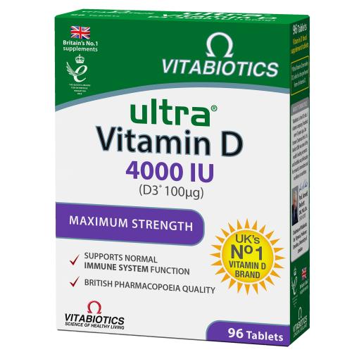 Vitabiotics Ultra Vitamin D 4000IU (D3 100μg) Συμπλήρωμα Διατροφής με Βιταμίνη D για την Υγεία Οστών, Δοντιών και Μυών 96tabs
