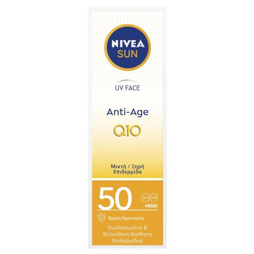 Nivea Sun UV Face Anti-Age Q10 Spf50 Αντιγηραντική, Αντηλιακή Κρέμα Προσώπου Υψηλής Προστασίας για Μικτές,Ξηρές Επιδερμίδες 50ml