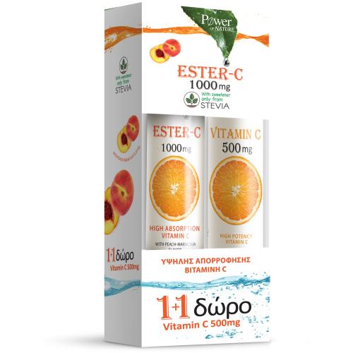 Power Health Vitamin C 1000mg Stevia Peach-Maracuja Flavor 24Effer.Tabs & Vitamin C 500mg Orange Flavor 20Effer.Tabs 1+1 Δώρο